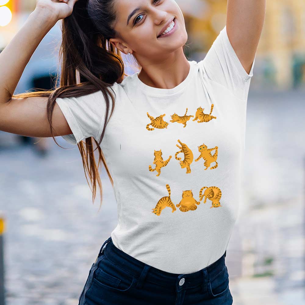 Cat meditation t-shirt for women with feline-inspired art