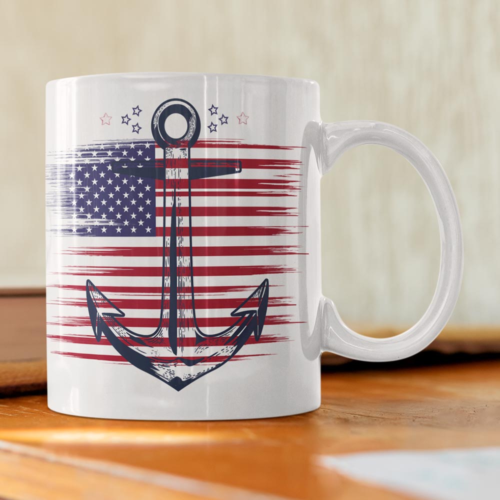 Show your American pride with a USA flag and anchor printed mug
