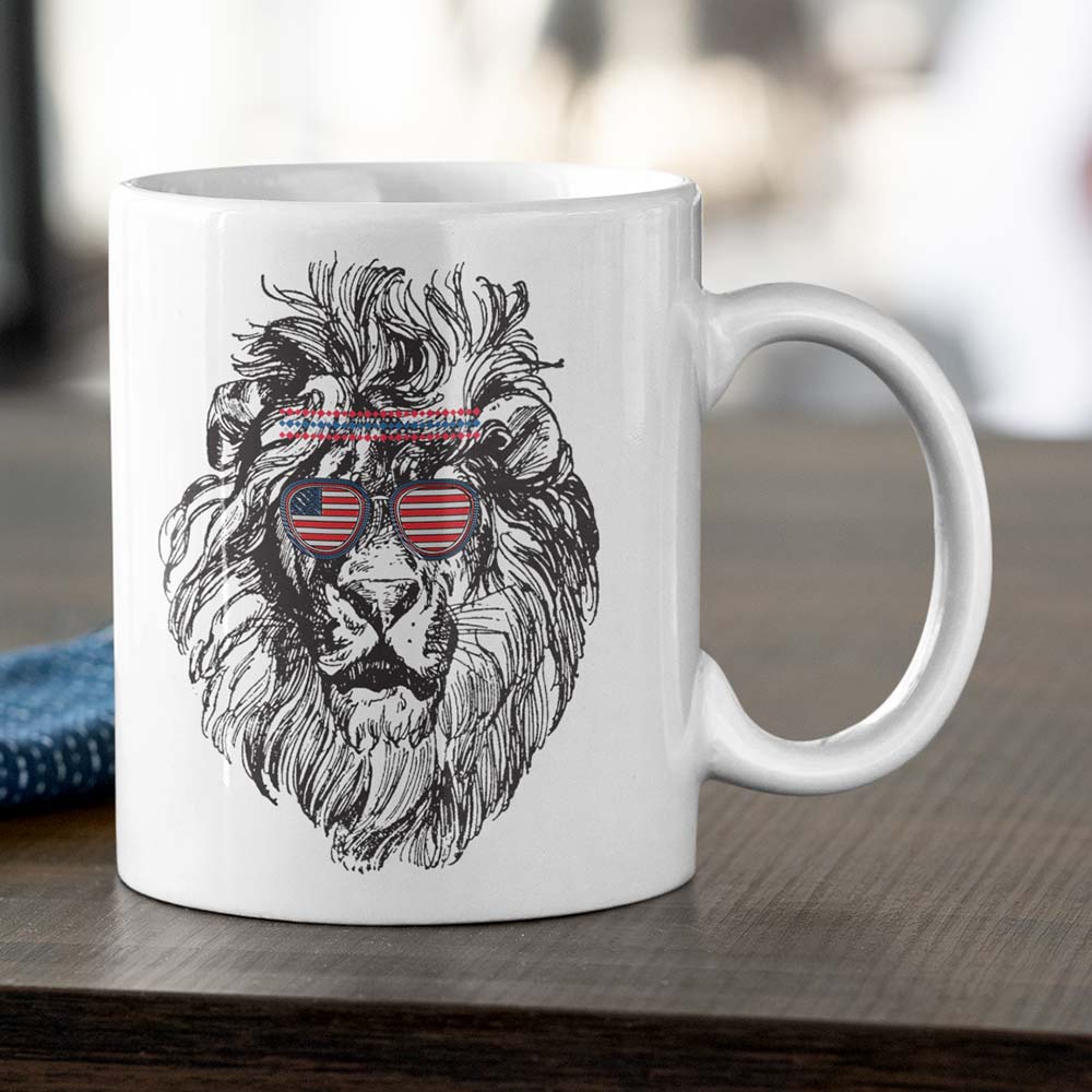 Lion with USA flag goggles printed mug for patriotic kitchenware collection