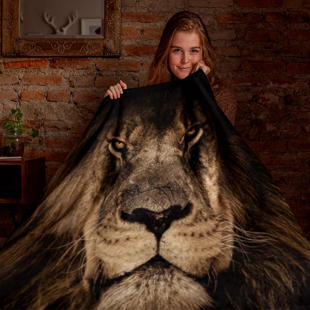 Fearless lion face and print throw blanket for home decor
