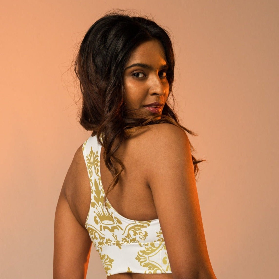 Chic White and Gold Seamless Sports Bra