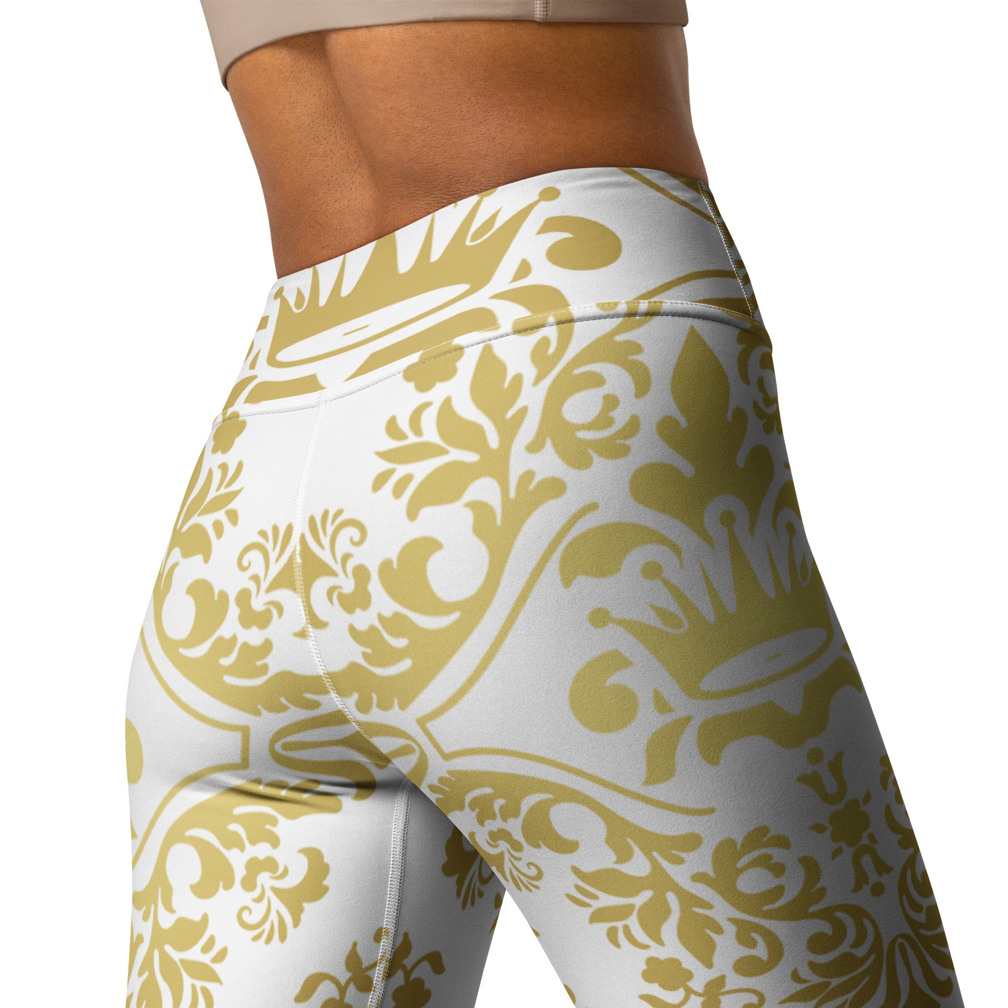 Gold and White Crown Design Yoga Leggings, lioness-love