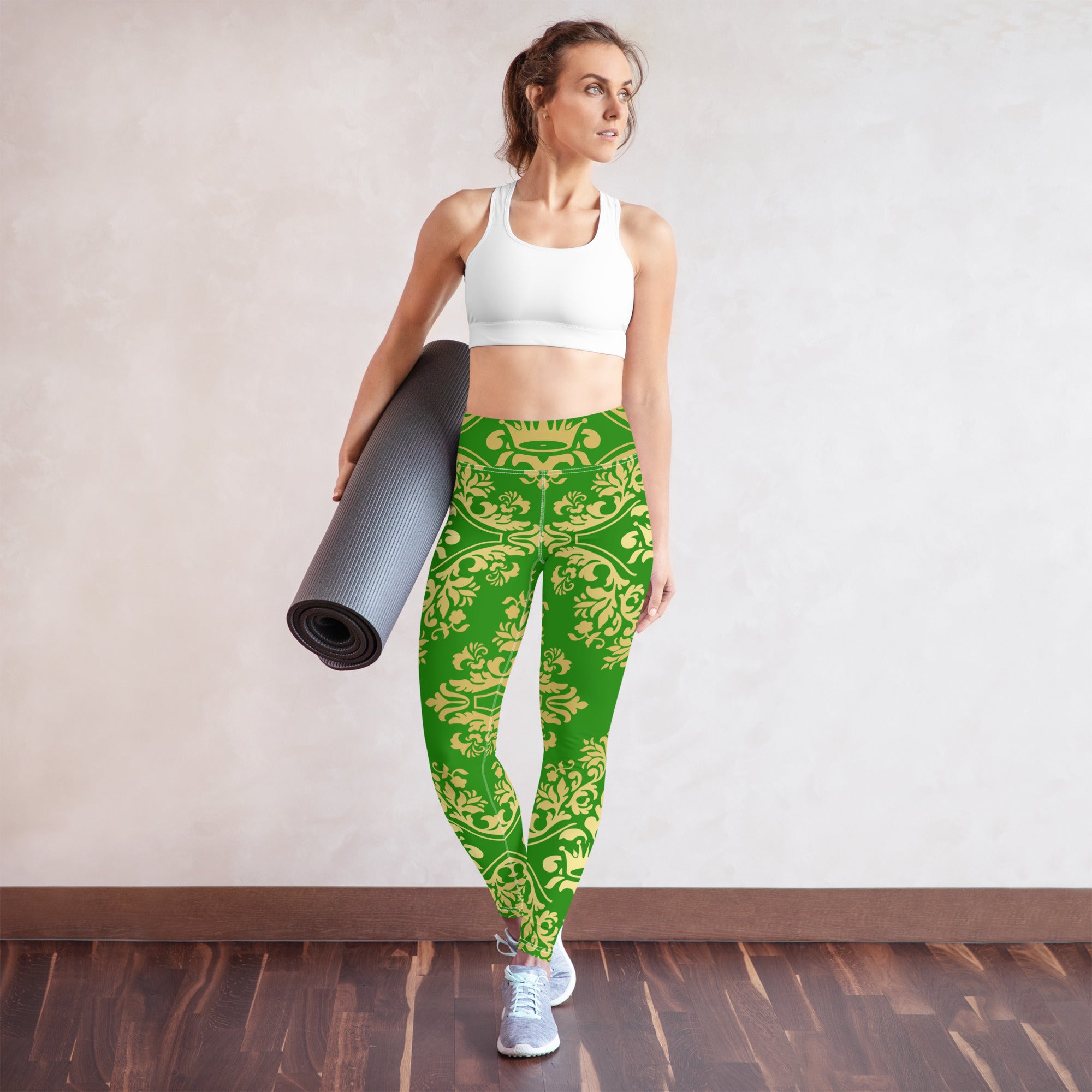 Gold and Green Crown Design Yoga Leggings, lioness-love
