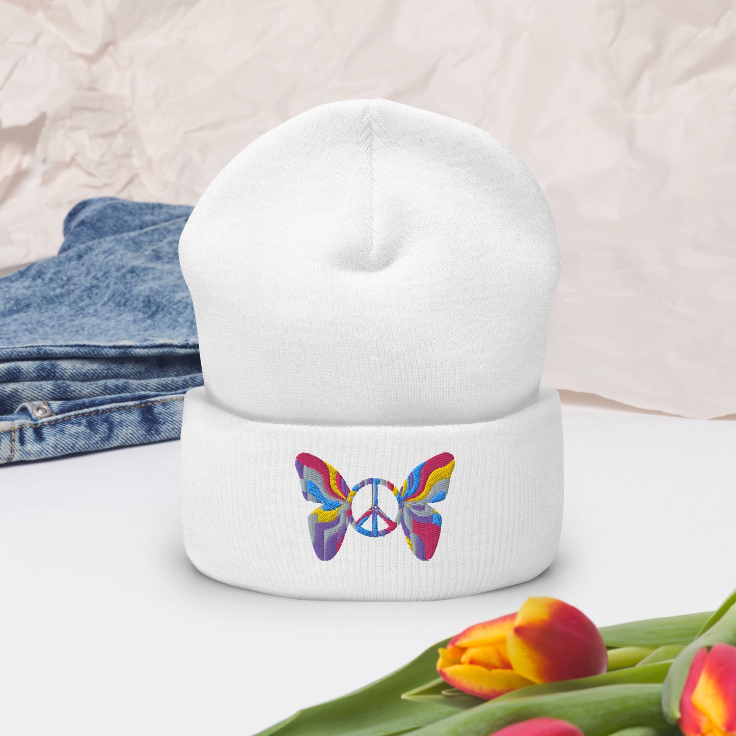 Colorful Butterfly Peace Sign Embroidered Cuffed Beanie Cozy & Stylish, lioness-love.com