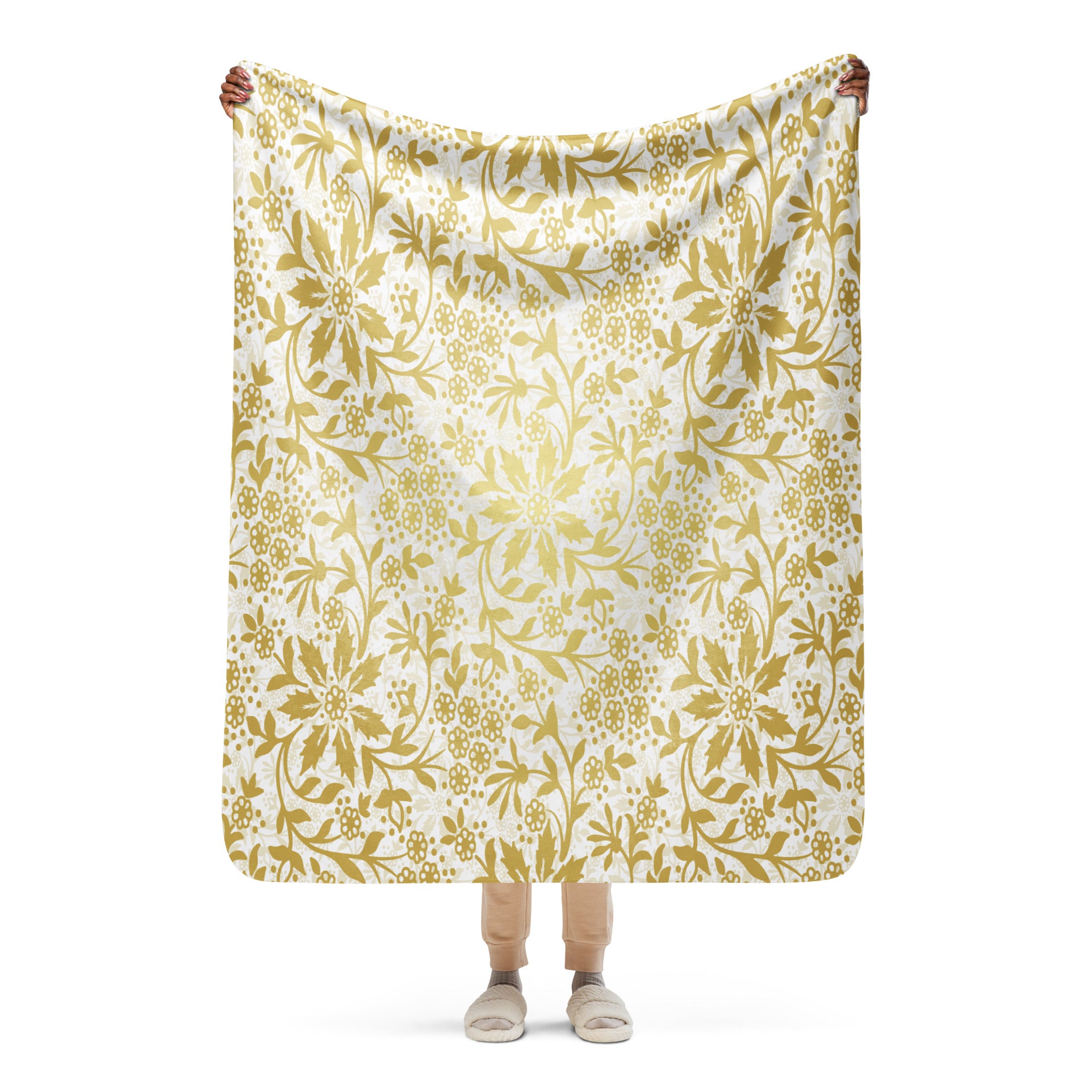 Gold and White Floral Sherpa blanket lioness-love