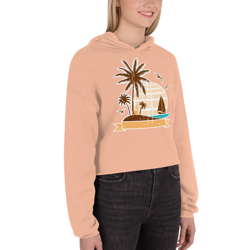 Retro Beach Print Graphic Crop Hoodie for Women, lioness-love