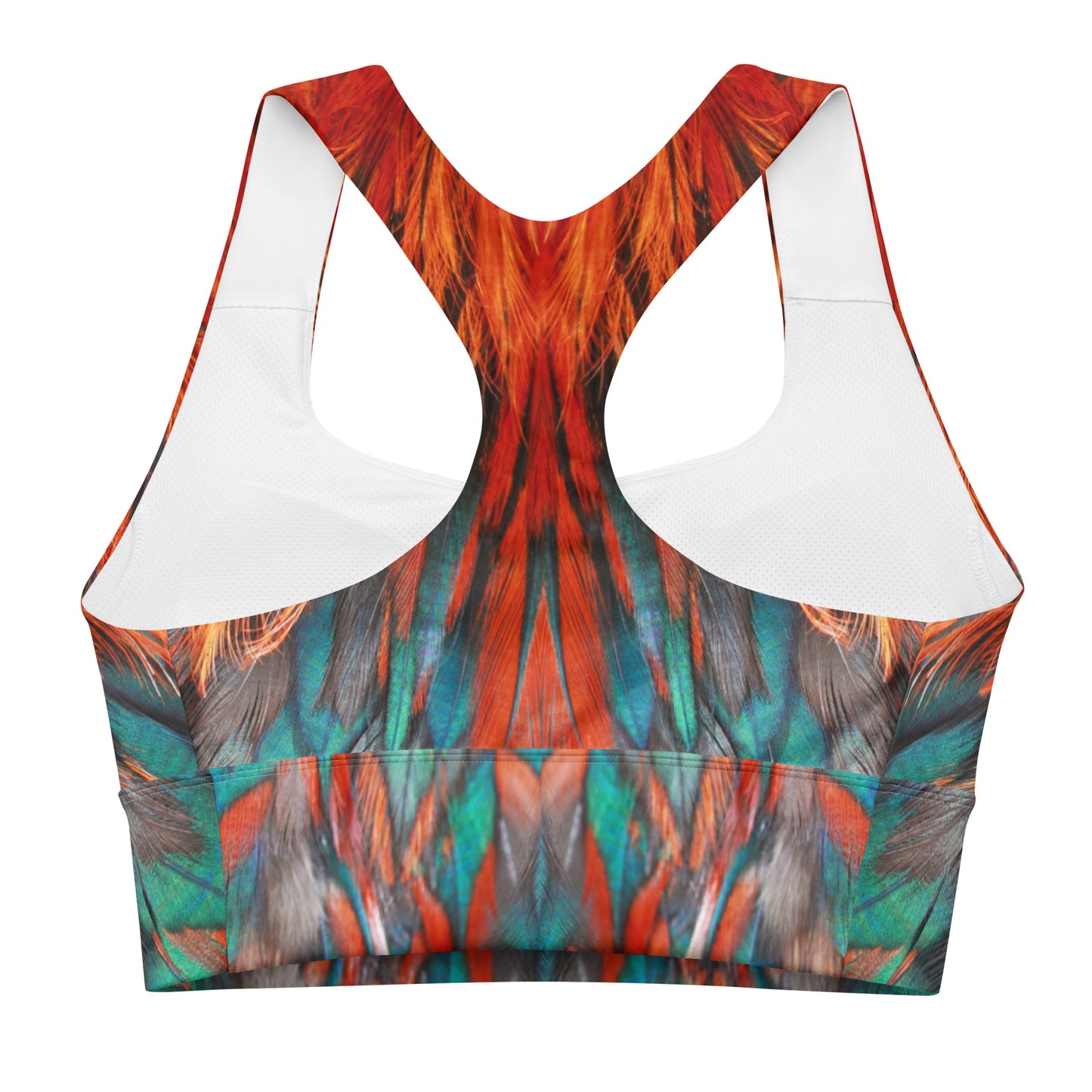 With a striking flame feathers design, this bra brings a bold flair to your activewear collection.