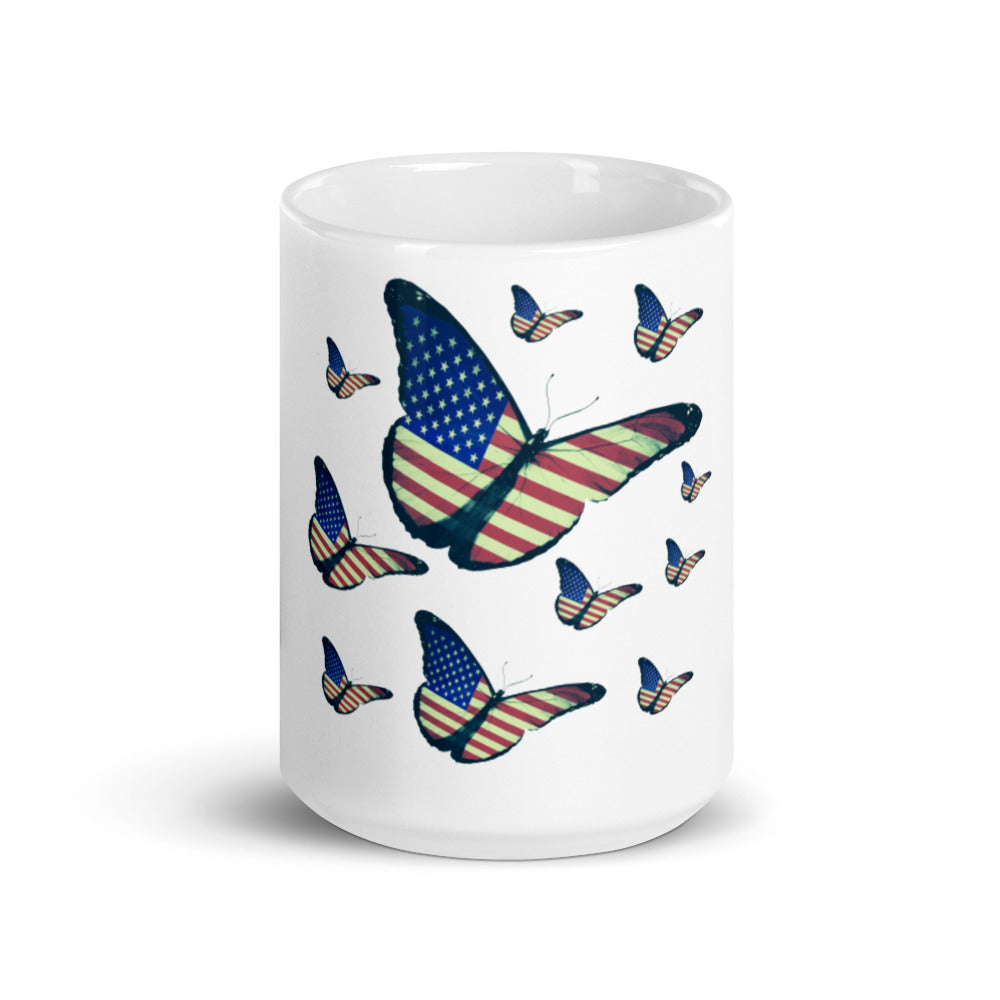 Shop our ceramic coffee mug with a beautiful USA flag and little butterflies design. 
