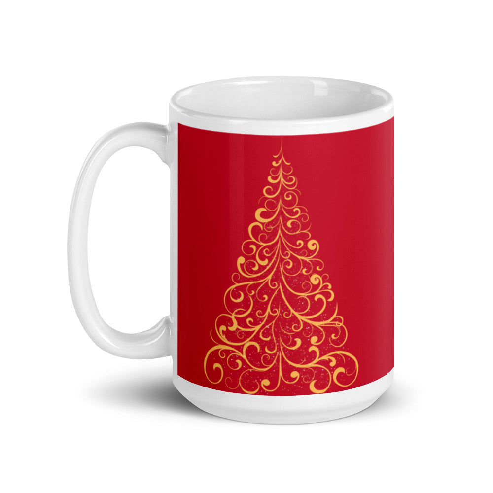 Gold Scroll Christmas Tree Red Mug, lioness-love
