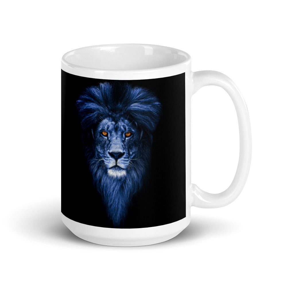 Regal Majesty: Portrait Blue Lion on White Mug