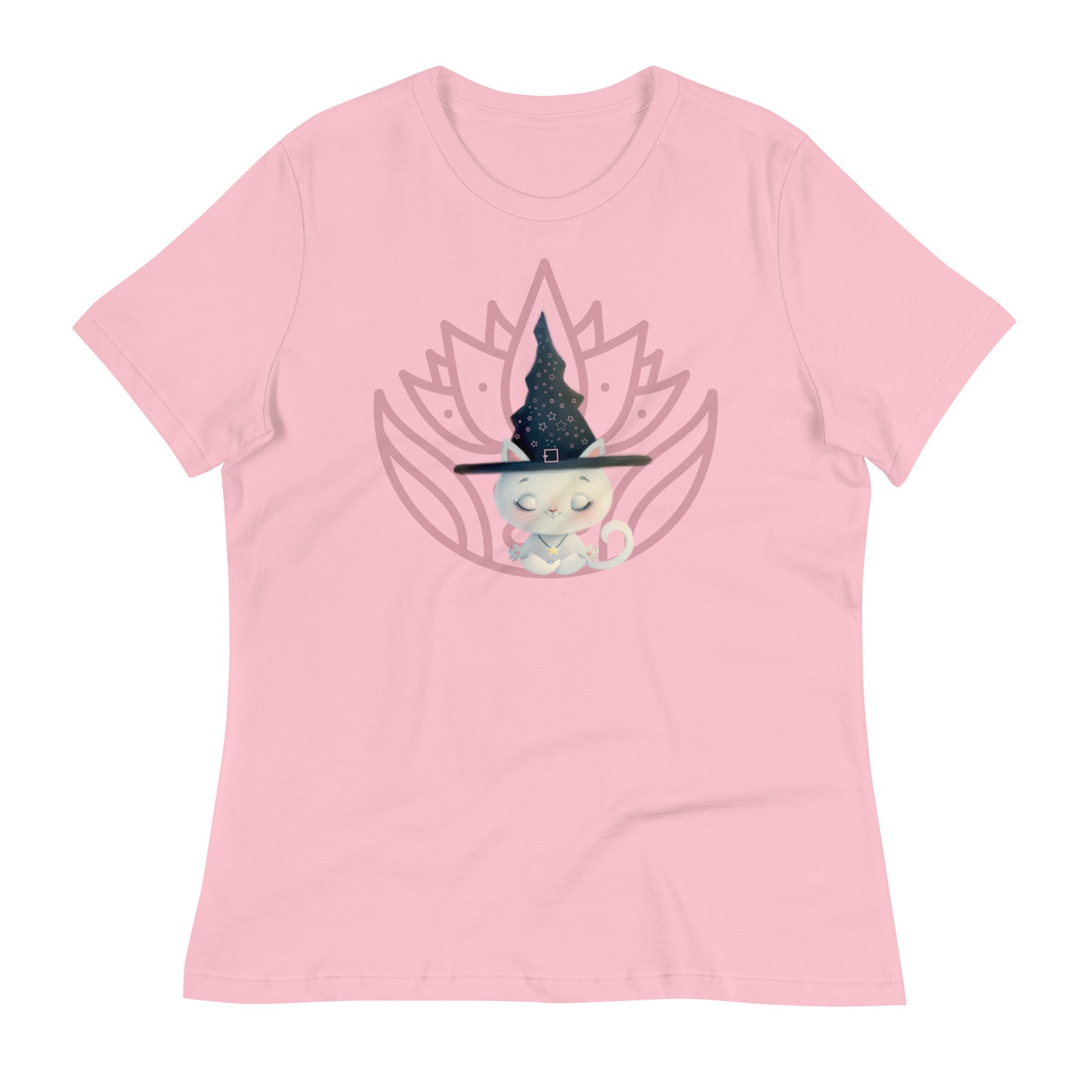 Cute Meditating Cat Witch with Lotus Print Tee for Women, lioness-love