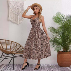 European And American Leopard Print Large Swing Dress female dinner date dress  V neck dress