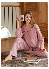 Couple Lapel Long Sleeve Knitted Modal Cotton Pajamas Comfortable Unisex cotton nightwear