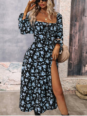 Flowers Printing Long Sleeve Dress Fashion Square-neck Bottom Slit Dresses Women  Clothing Vintage Gown  Dinner dress