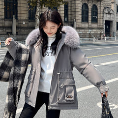 Elegant Waist Tight Short Parka with Removable Faux Fur Collar Chic Winter Essential