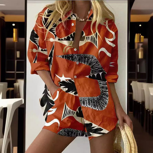 Boho Printed Long Sleeve Two-Piece Lounge Set – Top & Elastic Waist Shorts
