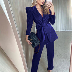 Waistband suit and trousers suit  Women's Solid Turn Down Collar Long Sleeve Coat Tops Pants Belt Trousers Suit 4