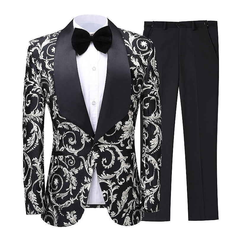 Fashion Floral Tuxedo Jacket Business Dinner Groom Wedding Formal Suit Blazer Trousers Two-piece suit men's 2