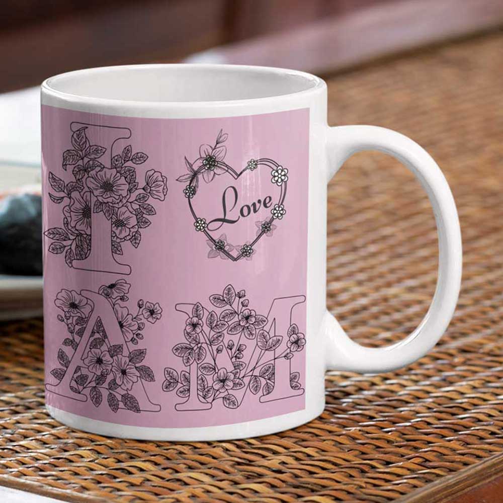 Stylish and trendy I am Love graphic printed mug for coffee enthusiasts