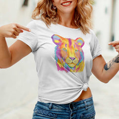 Some fierce style to your wardrobe with this multicolored lion face t-shirt for women. The stunning design features a vibrant lion face graphic in a range of colors, this t-shirt is perfect for any casual occasion. Get your roar on with this multicolored lion face t-shirt for women. This fashionable and comfortable t-shirt is perfect for any casual occasion. This just might be the softest and most comfortable women's t-shirt you'll ever own. Combine the relaxed fit and smooth fabric of this tee with jeans. Dress it up with a jacket. Beautiful lioness art for lion lovers.