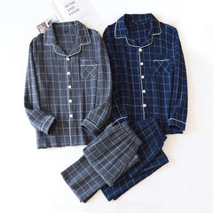 Plaid Long-Sleeved Trousers Cotton Two-Color Home couple nightwear vintage pajamas long sleeve pajamas Lapel pajamas