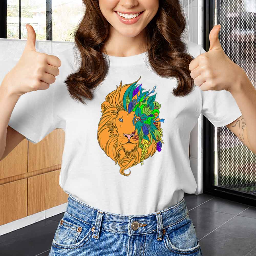 Women's Multicolored Lion Face T-Shirt for Yoga & Meditation.