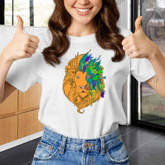 This multicolored Lion face t-shirt is perfect for women who love yoga and animals. This exclusive design showcases a majestic lion's face in vibrant colors print, instilling a sense of inner strength and courage to help you power through your yoga or meditation practice. This just might be the softest and most comfortable women's t-shirt you'll ever own. Combine the relaxed fit and smooth fabric of this tee with jeans. Dress it up with a jacket. Beautiful lion lovers gift.