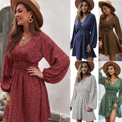 Women V Neck Tunic Dress Casual Loose Flowy Long Sleeves Dress Elastic Waist A-line Floral Swing Shift Dresses linen gown dinner night dress, lioness-love