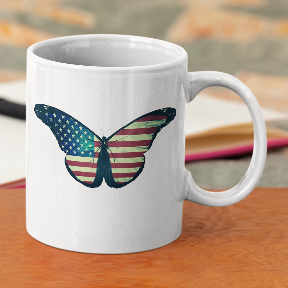 Elegant mug showcasing USA flag on a butterfly