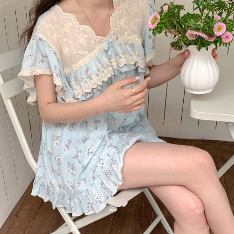 Ruffled Lace Floral Pure Cotton And Linen Pajamas short bedtime wear