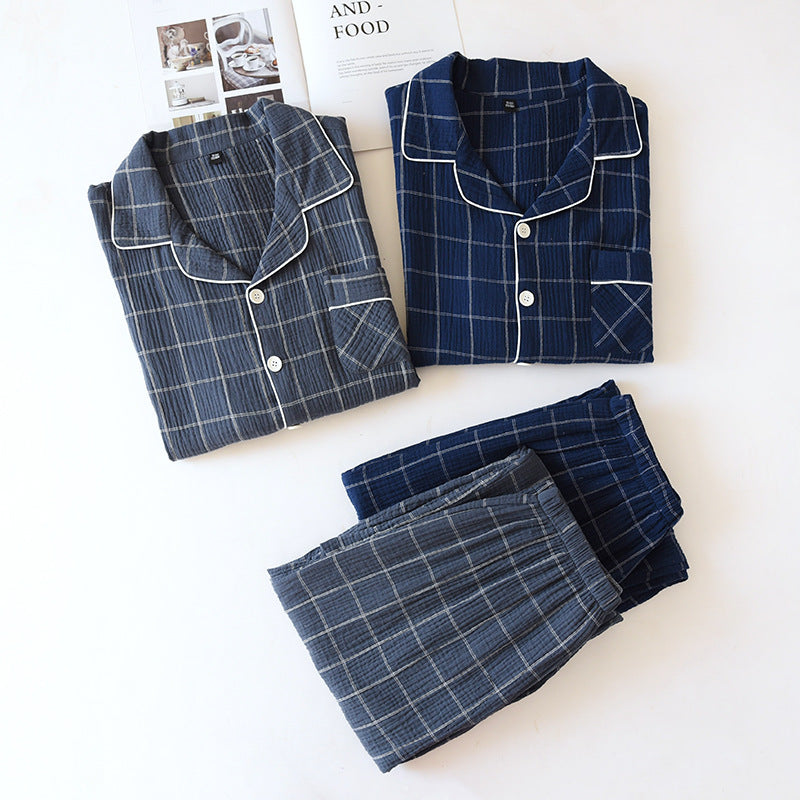 Plaid Long-Sleeved Trousers Cotton Two-Color Home couple nightwear vintage pajamas long sleeve pajamas Lapel pajamas