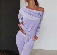 Ladies Velvet 2Pcs Funnel Neck Jumper Hoodie Trousers Tracksuit Set Lounge Wear