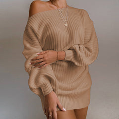 Women’s Off Shoulder Knitted Sweater Dress Autumn  Winter Loose Long Sleeve Solid Ladies Tunic Elegant Streetwear Dresses