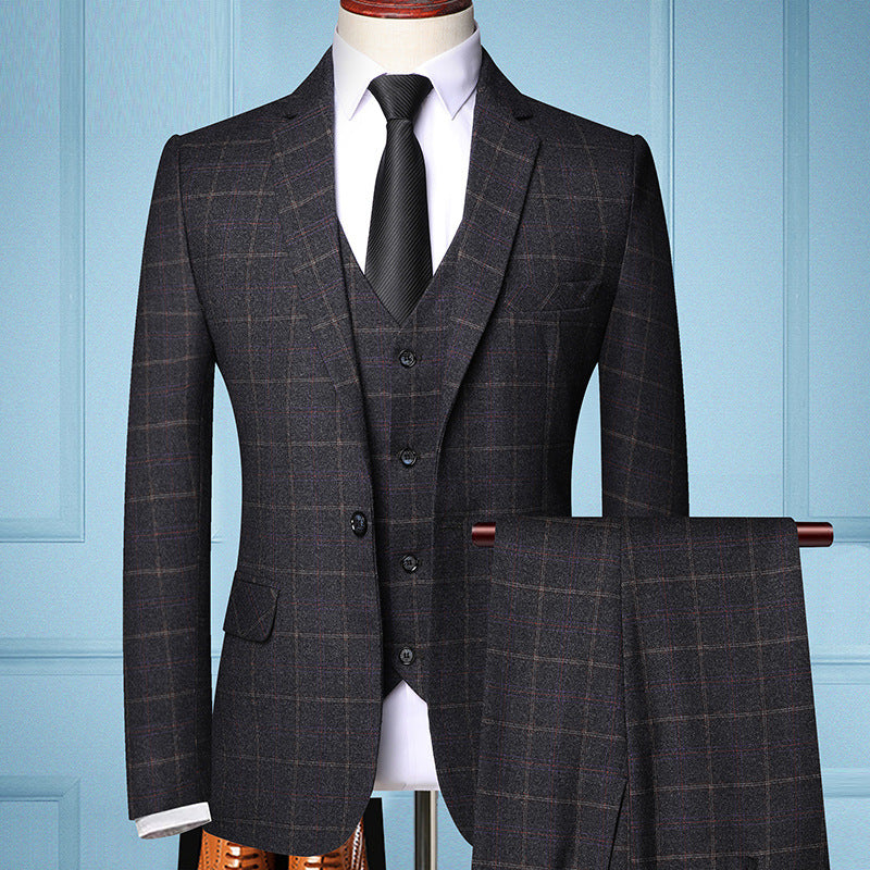 Plaid Suit Men's Suit Three-piece Suit Groom Wedding Dress Small Suit Trendy Jacket, lioness-love