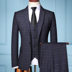 Plaid Suit Men's Suit Three-piece Suit Groom Wedding Dress Small Suit Trendy Jacket, lioness-love