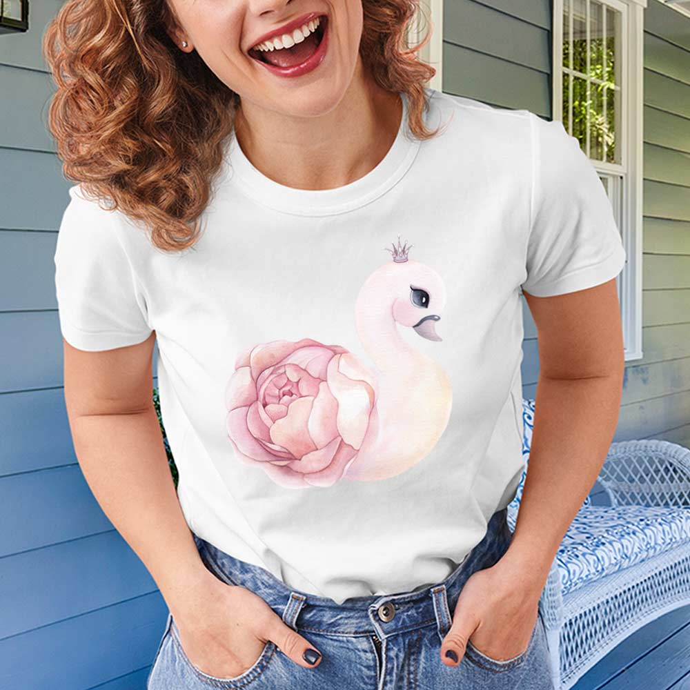 Majestic Swan Pink Rose Silhouette T-Shirt for Women