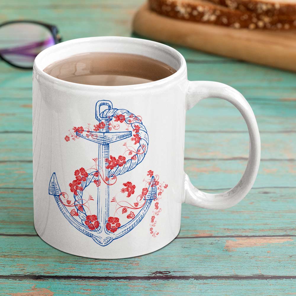 Eye-catching sailor's mug showcasing anchor and rope artwork