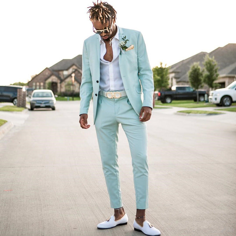 Color Formal Solid Color Two-piece Suit Mint Green Mens Suits Beach Groomsmen Wedding Tuxedos For Men Peaked Lapel Formal Prom Suit 15