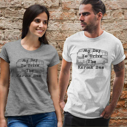 Fashionable bus graphic t-shirts featuring creative typography designs