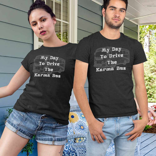 Adventure awaits with our karma bus drive print unisex t-shirts