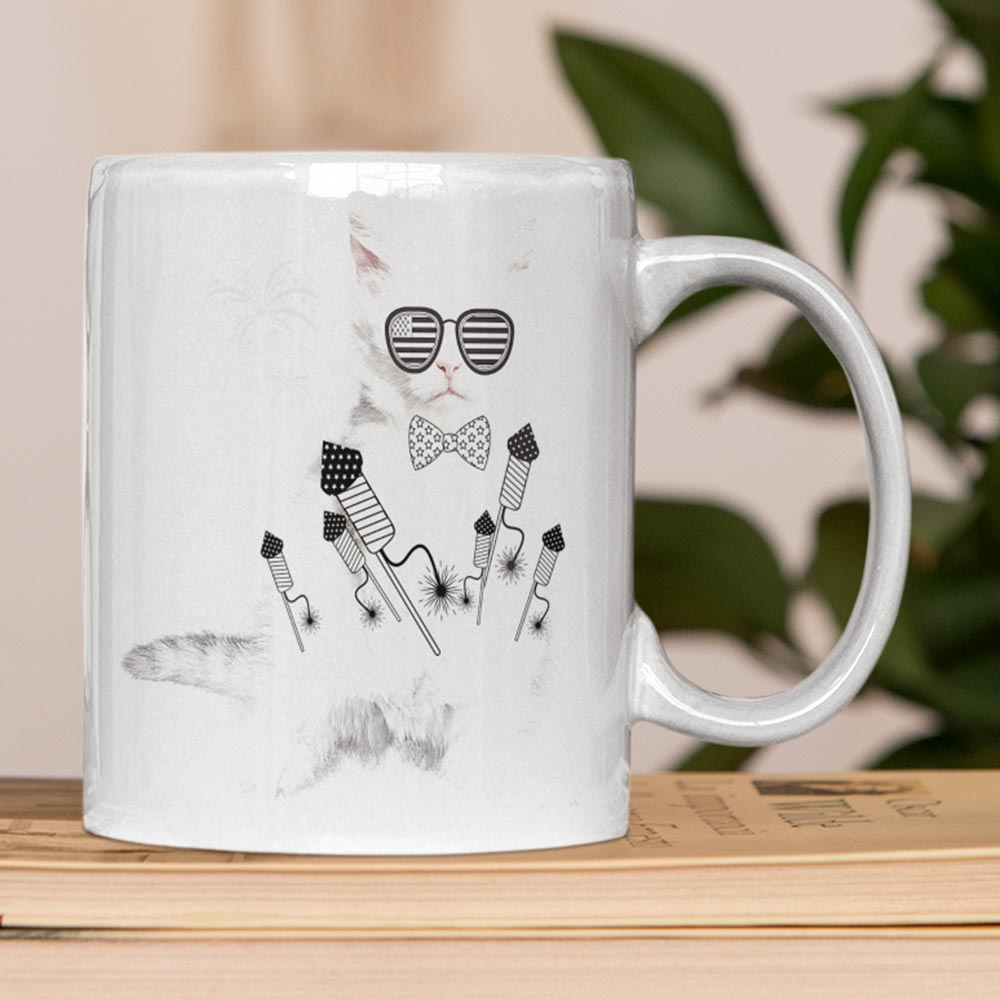 Cat-themed mug with an adorable rocket and goggles pattern