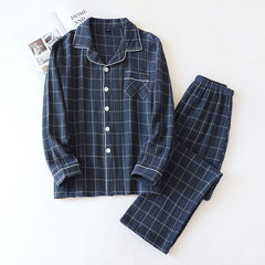 Plaid Long-Sleeved Trousers Cotton Two-Color Home couple nightwear vintage pajamas long sleeve pajamas Lapel pajamas