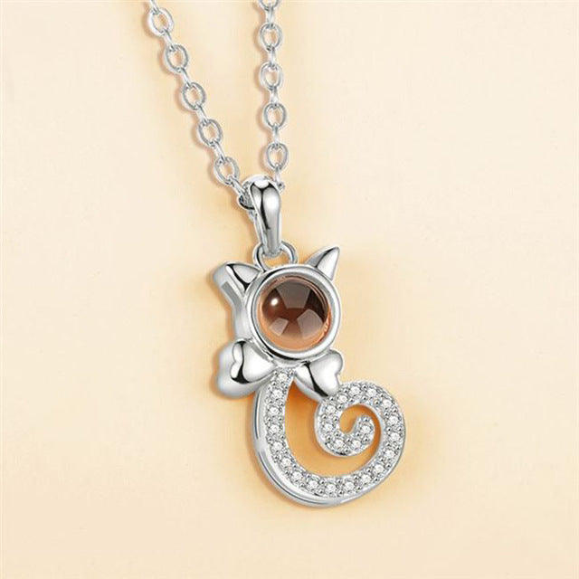 Personalized Cat Shape Necklace with Photo Projection Custom Gift for Women