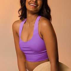 Purple long line sports bra on white background lioness-love