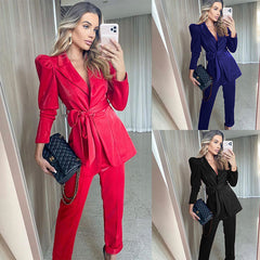 Waistband suit and trousers suit  Women's Solid Turn Down Collar Long Sleeve Coat Tops Pants Belt Trousers Suit 4