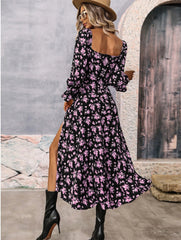 Flowers Printing Long Sleeve Dress Fashion Square-neck Bottom Slit Dresses Women  Clothing Vintage Gown  Dinner dress