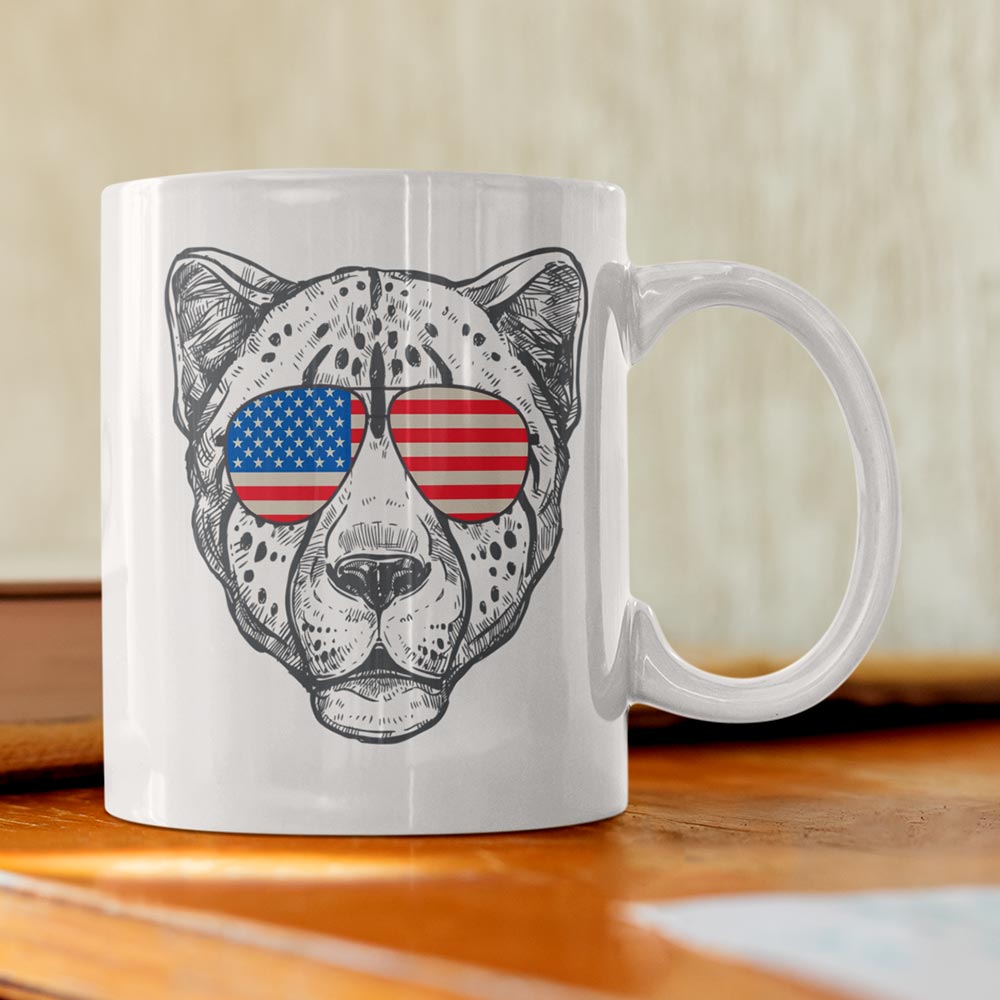 Animal-themed cheetah with USA flag goggle printed mug as a gift