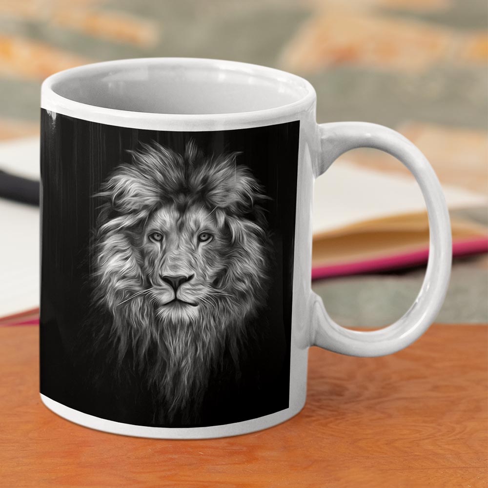 Black and White Lion Ceramic Coffee Mug - Front View
