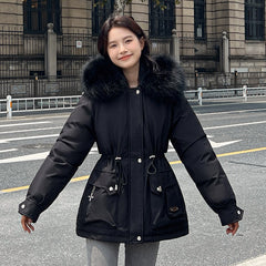 Elegant Waist Tight Short Parka with Removable Faux Fur Collar Chic Winter Essential