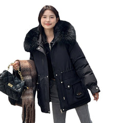 Elegant Waist Tight Short Parka with Removable Faux Fur Collar Chic Winter Essential